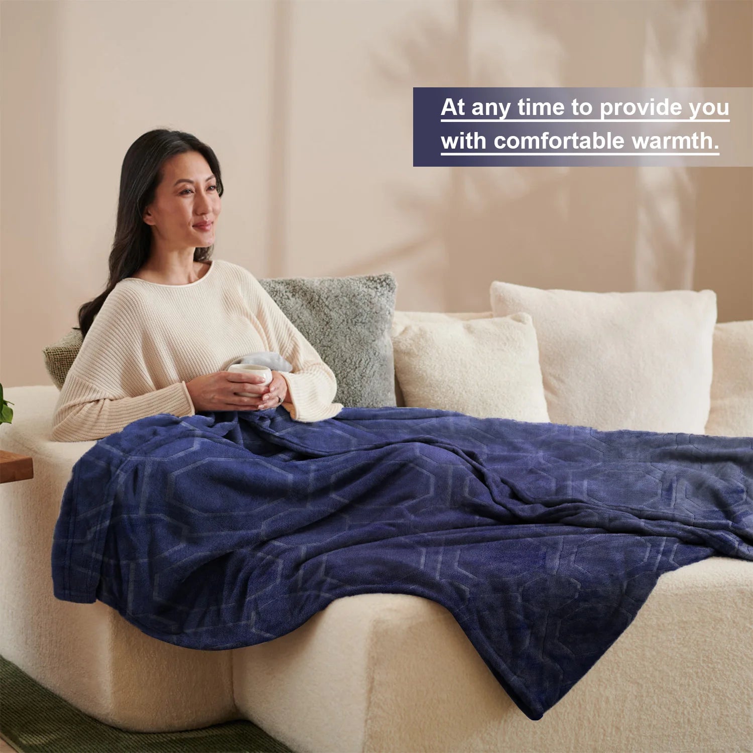 Luxurious Dark Blue Hexagon Flannel Throw Blanket , Ultra-Soft Cozy Winter Bedroom & Couch Cover, Machine Washable, Antibacteria