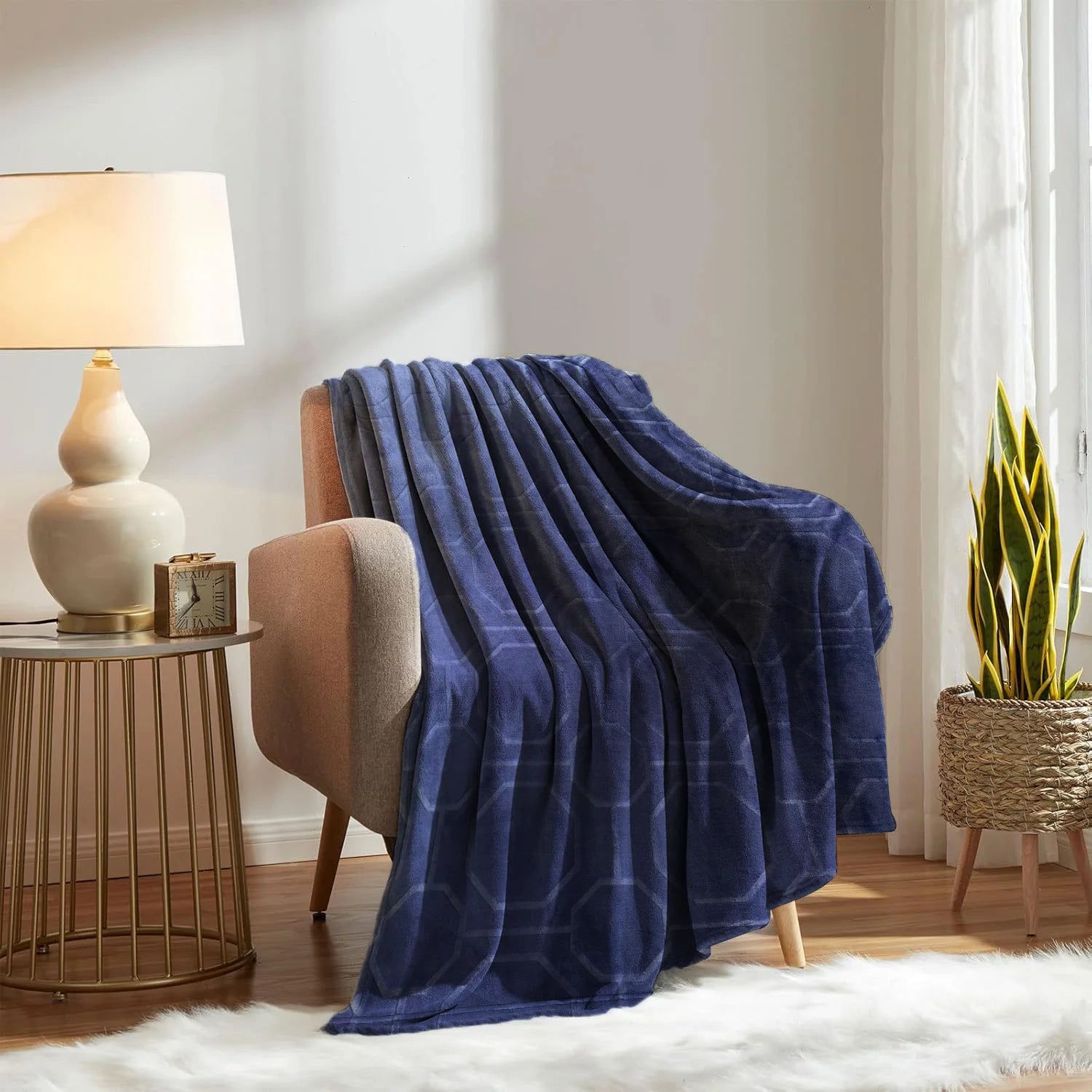 Luxurious Dark Blue Hexagon Flannel Throw Blanket , Ultra-Soft Cozy Winter Bedroom & Couch Cover, Machine Washable, Antibacteria