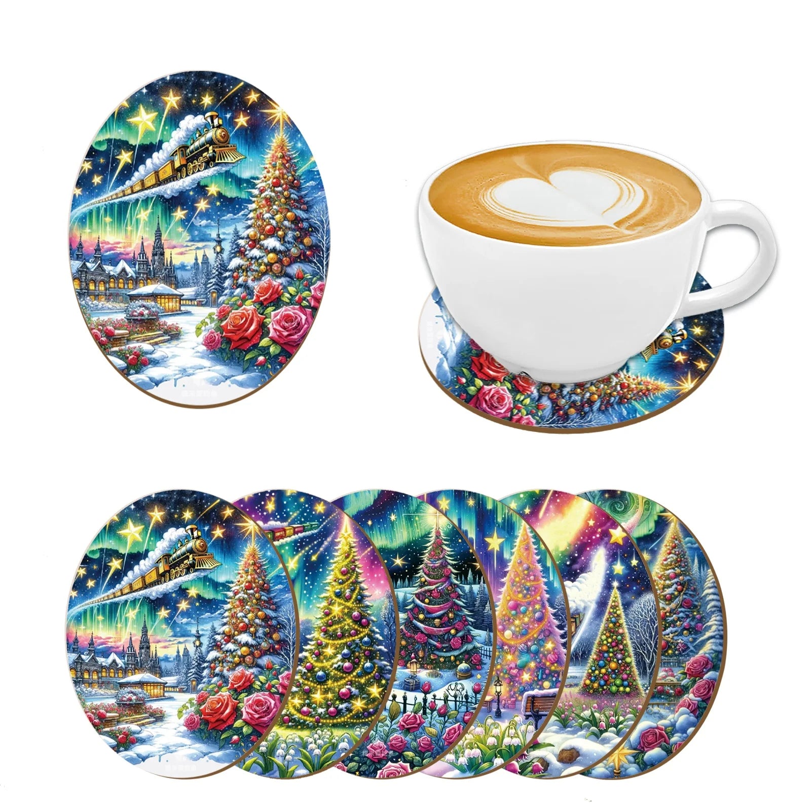 6 pieces of Christmas truck print coasters, suitable for daily family party decoration, offices, and anti-slip wooden coasters