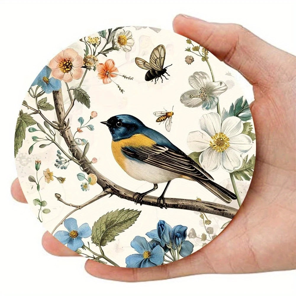 2D Flat 6pcs Watercolor Illustration Style Wooden Coasters With Bird Flower Patterns Artistic Elegant Cup Mats Home Decor Gifts