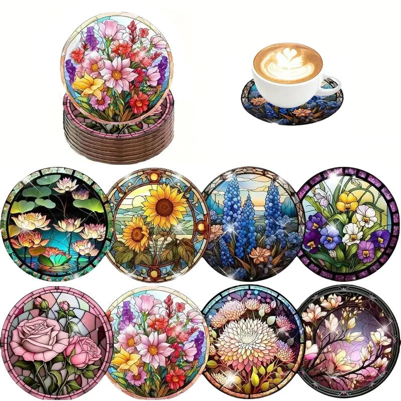 8pc/set beautiful colorful flowers tea table art wooden high temperature non-slip coaster round, suitable for adults, office, te