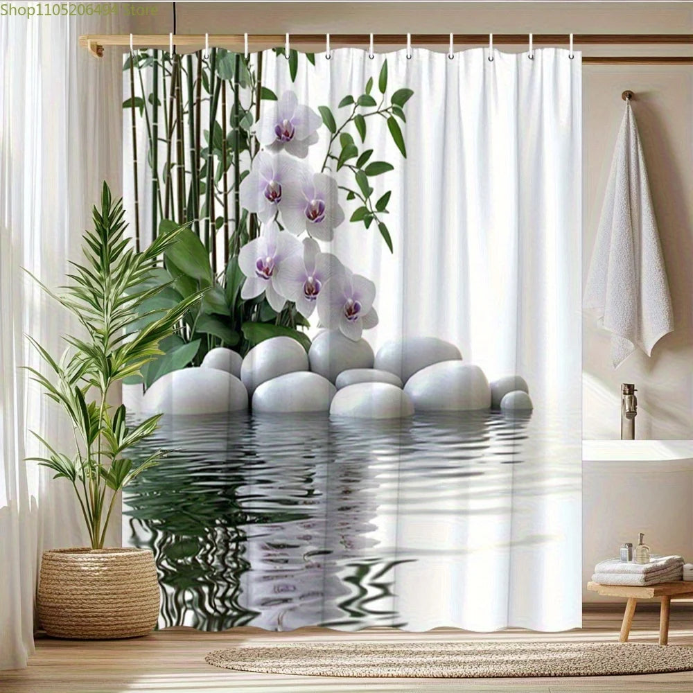1pc White Pebble Shower Curtain with Orchid and Pattern, Digital Print Bath Curtain, No-Hole Bathroom Partition, All-Season Us