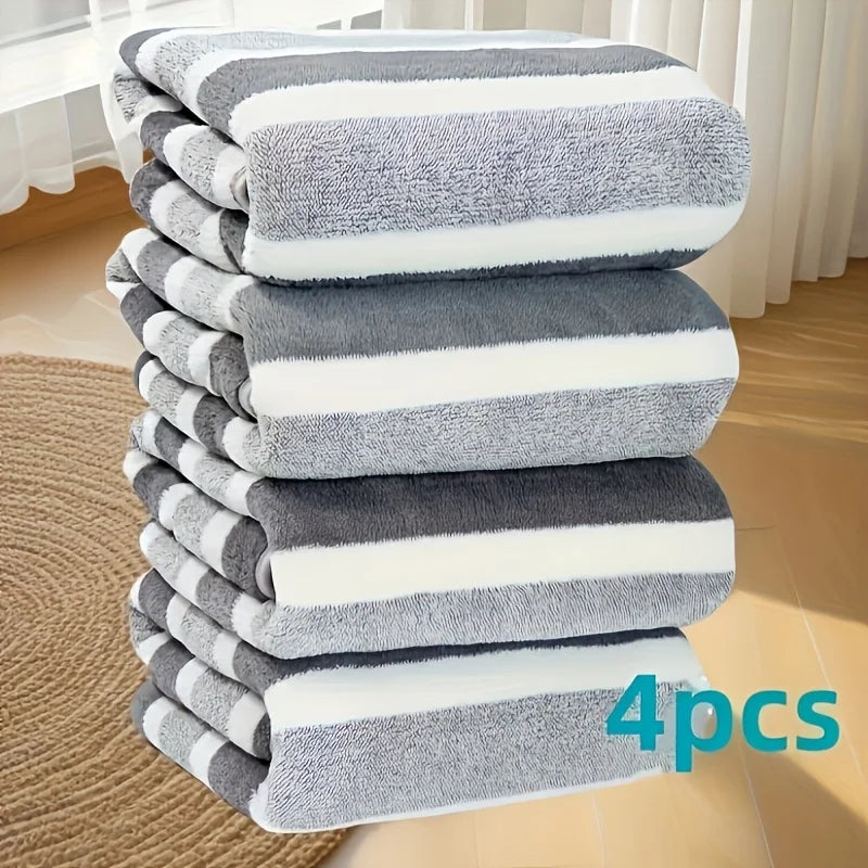4pcs Thickened Coral Fleece Bath Towel - Soft Absorbent Wide Stripe, Colors Unisex Home Use