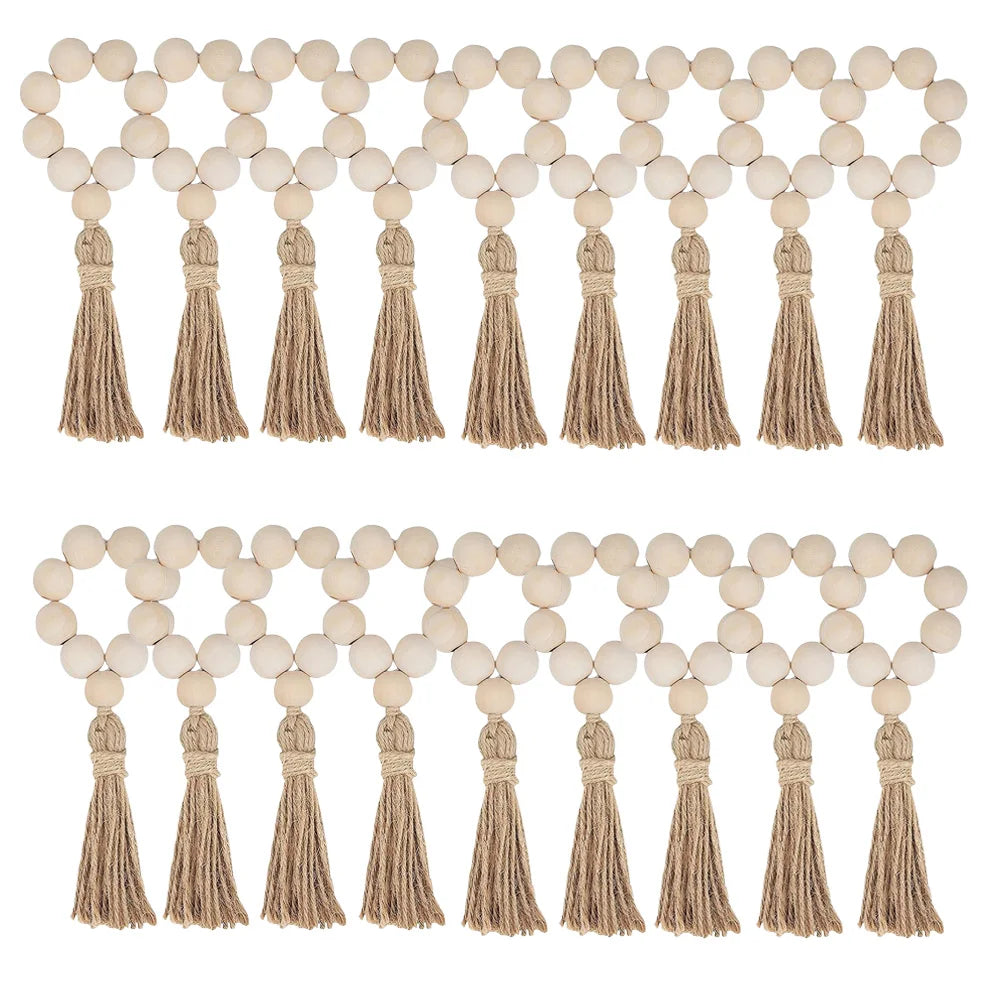 1/12PCS Wood Bead Napkin Rings Garland With Tassels Farmhouse Beads Rustic Country Table Napkin Holder Weddings Home Boho Decor