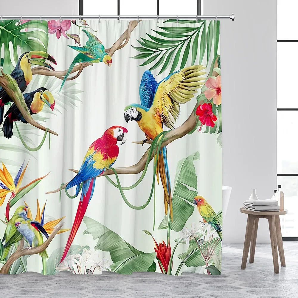 Tropical Plant Leaves Shower Curtain Hummingbird Palm Leaf Monstera Butterfly Watercolour Art Fabric Home Decor Bathroom Curta