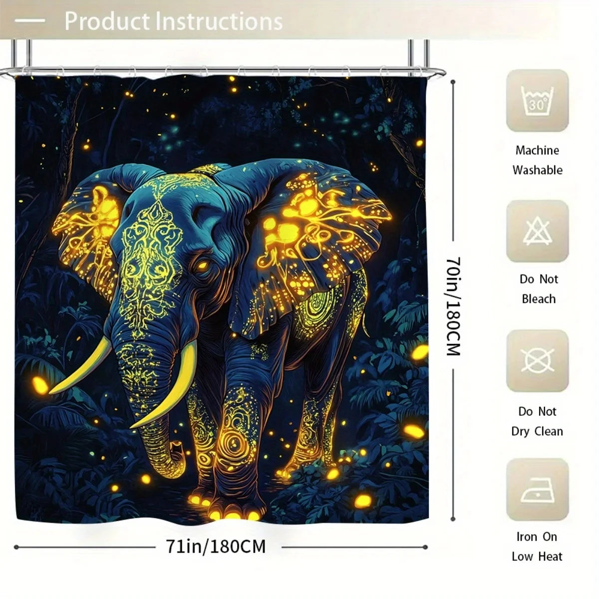 4pcs Stylish Elephant Design Shower Curtain and Non-Slip Bath Mat Set - Vibrant Blue & Golden Abstract Art, Perfect for Mod