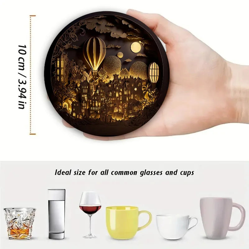 4 castle-print coasters, suitable for daily family party decoration, office, non-slip wooden coasters, holiday gifts