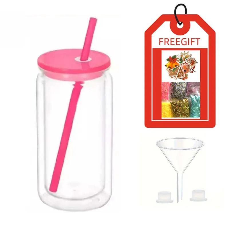 Double Wall Snowglobe Plastic Cups with Pre-Drilled Hole Christmas Straw Water Bottte Clear Tumbler Coffee Juice Drinkware Gifts