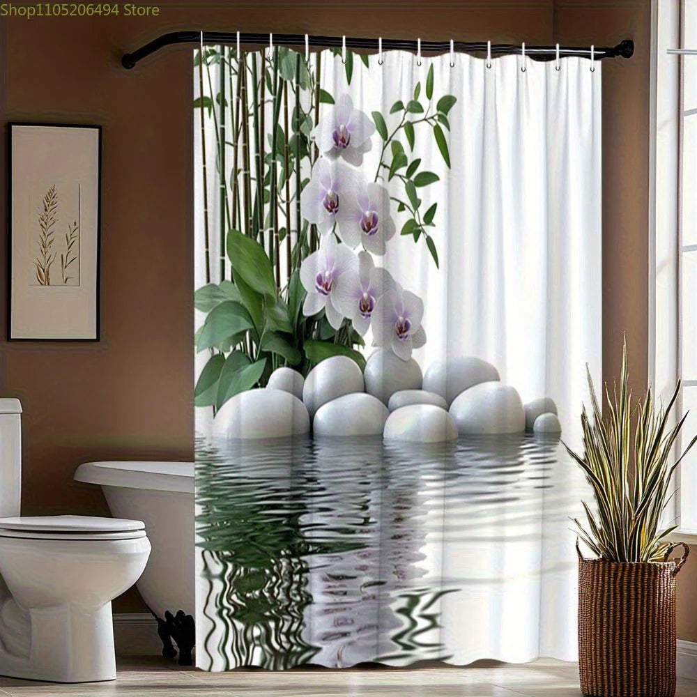 1pc White Pebble Shower Curtain with Orchid and Pattern, Digital Print Bath Curtain, No-Hole Bathroom Partition, All-Season Us