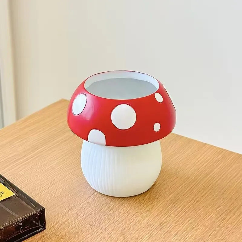 Cute Mushroom Storage Bucket, Resin Polka Dot Desktop Organizer for Makeup Brushes, Stationery, Pen Holder & Vase, Ideal Gift