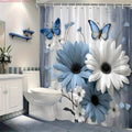 1pc blue white daisies butterflies shower curtain polyester-   With Hooks Waterproof Mildew Proof Easy Install Washable