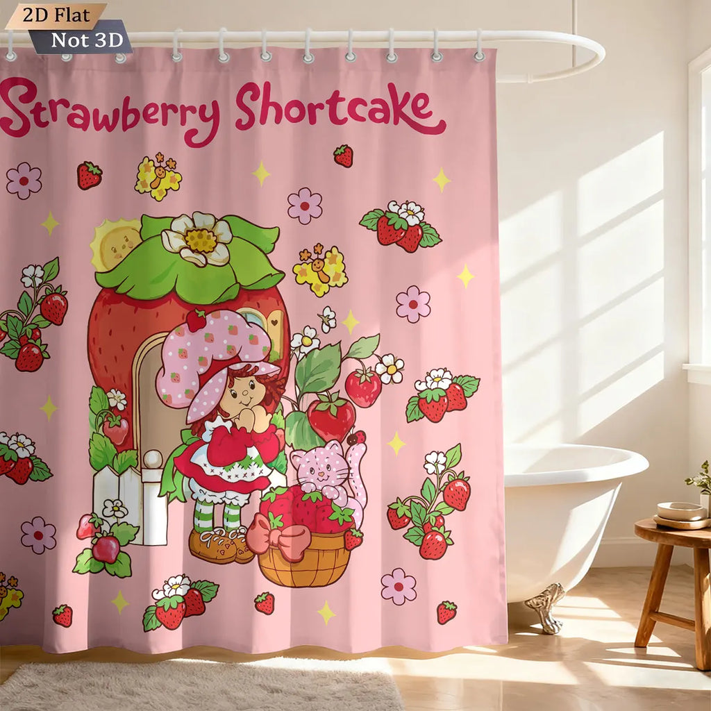 1pc Pink Cake Girl Printed Waterproof Shower Privacy Partition Shower Curtain With 12 Hooks Multiple Sizes Machine Washable