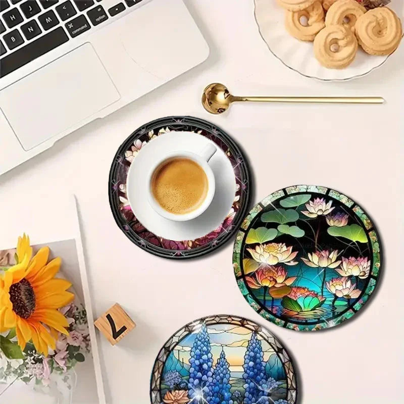 8pc/set beautiful colorful flowers tea table art wooden high temperature non-slip coaster round, suitable for adults, office, te