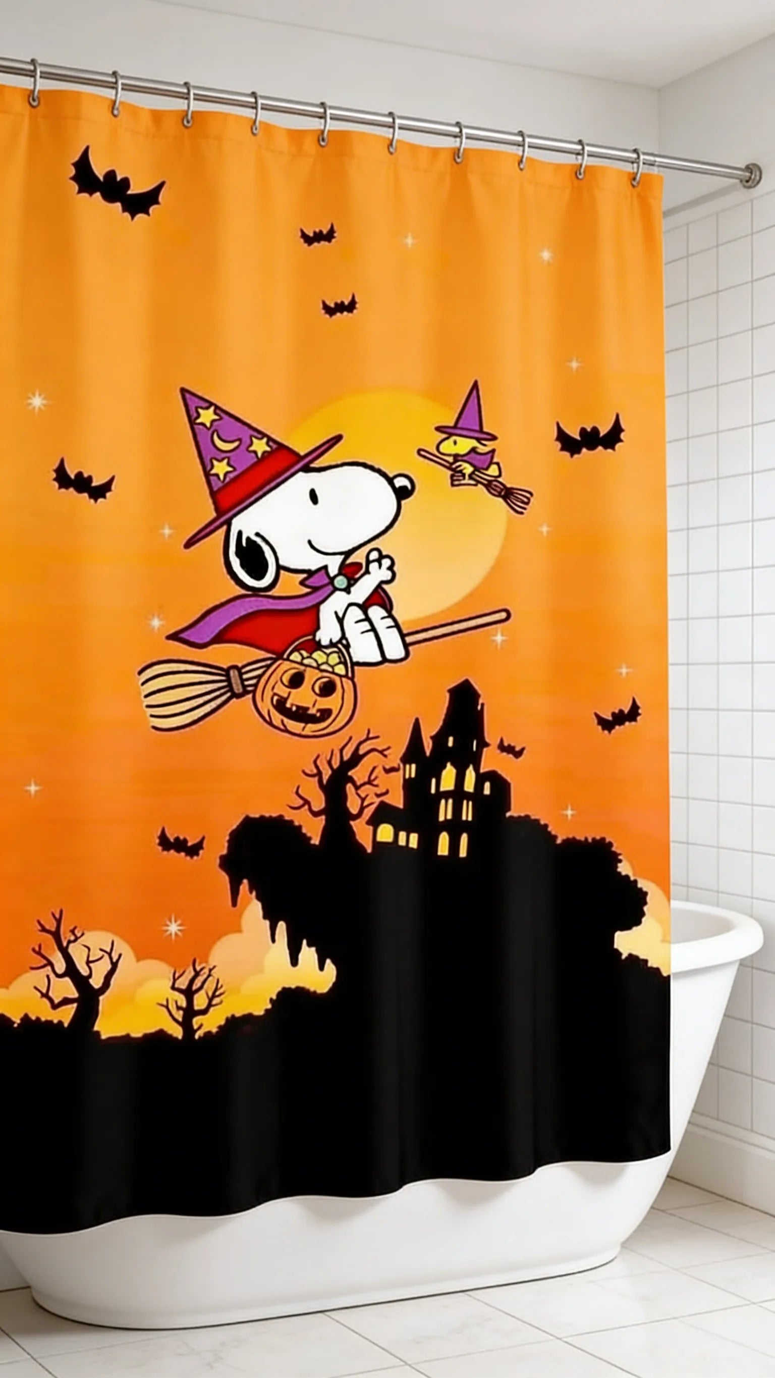 Snoopy Themed Shower Curtain With Hooks Waterproof Washable Quick Install For Dorm Home Bathroom Use