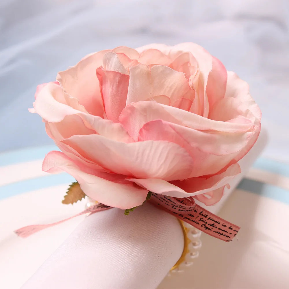 4PCS Simulation Eucalyptus Flowers Napkin Buckle, Pink Rose Napkin Rings, Festival Wedding Party Holiday Table Decoration