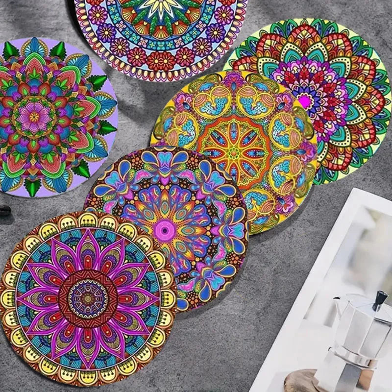 8pc/set beautiful colorful flowers tea table art wooden high temperature non-slip coaster round, suitable for adults, office, te