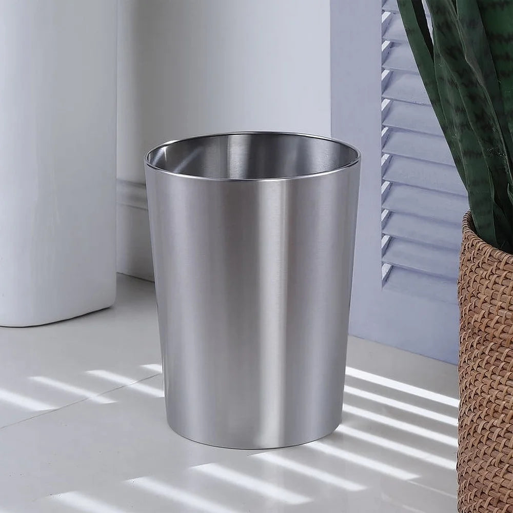 Brushed Nickel Metal Wastebasket 2.2 Gal Durable Open Top Trash Can Decorative Silver Trash Bin Bathroom Indoor Use