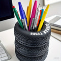 1Pcs Fun Tire Pen Holder - Durable Black with Lettered PVC Desk Storage for Schools and Offices