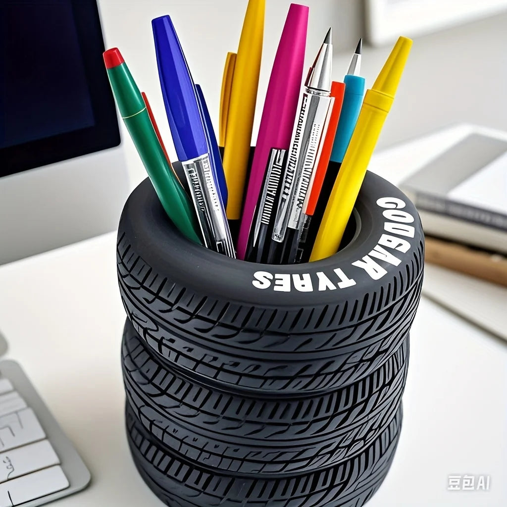 1Pcs Fun Tire Pen Holder - Durable Black with Lettered PVC Desk Storage for Schools and Offices