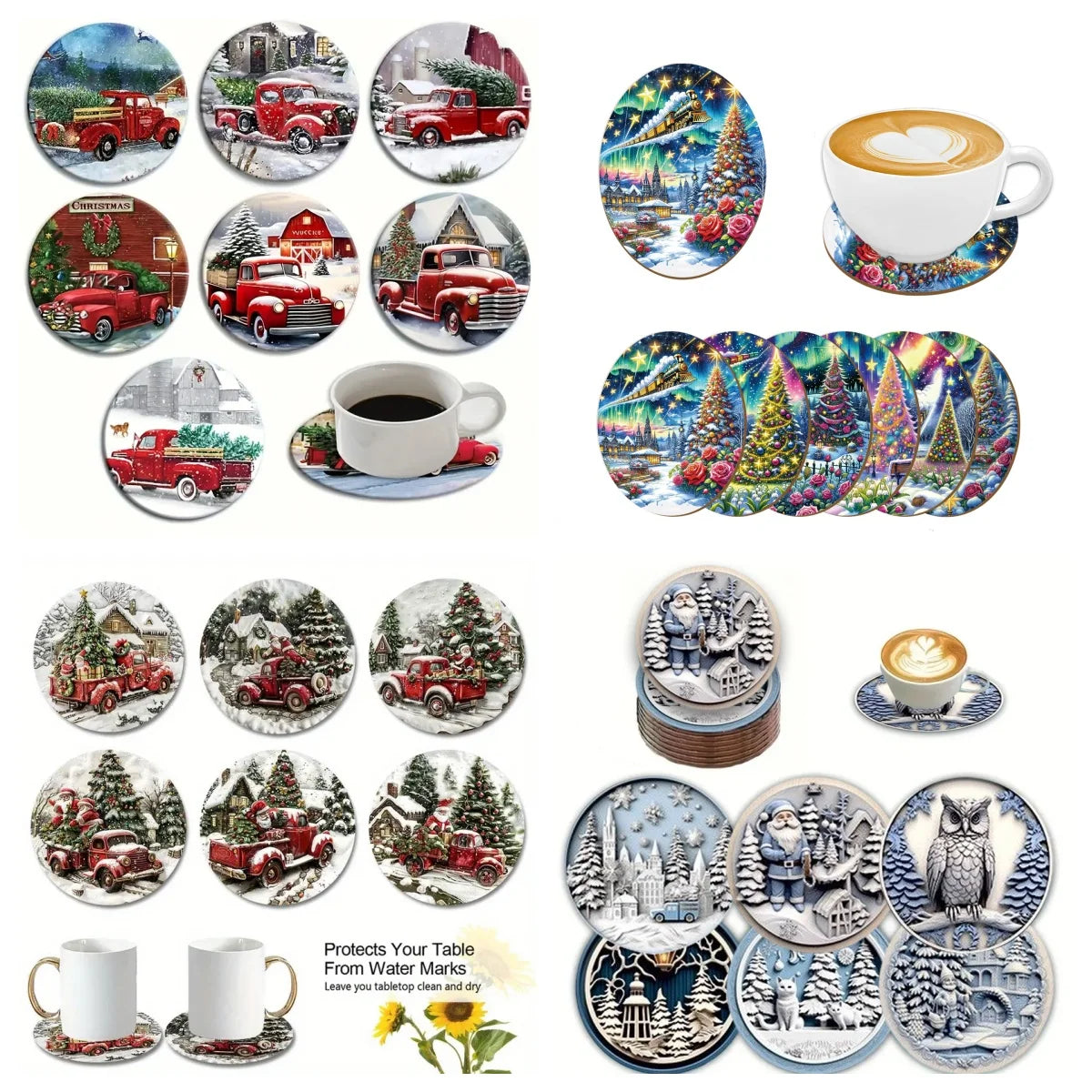 6 pieces of Christmas truck print coasters, suitable for daily family party decoration, offices, and anti-slip wooden coasters