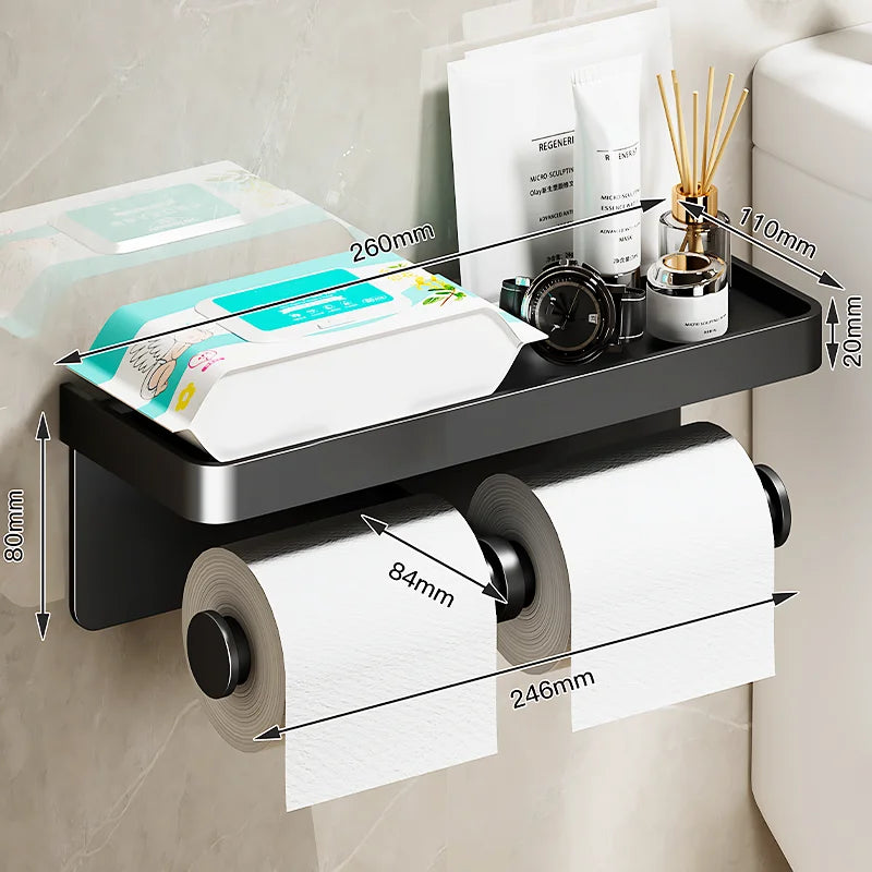 Aluminum Alloy Toilet Paper Holder Toilet Paper Holder Wall-Mounted Toilet Roll Shelf Phone Stand for Home Bathroom Accessories