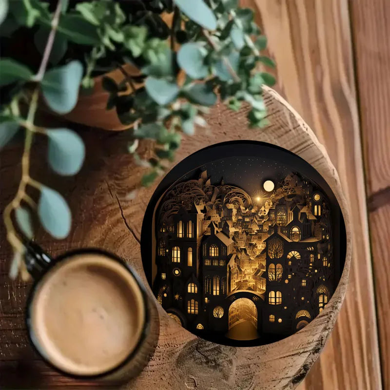 4 castle-print coasters, suitable for daily family party decoration, office, non-slip wooden coasters, holiday gifts