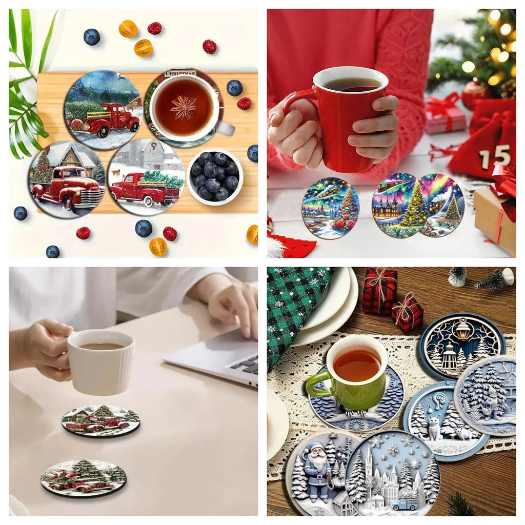 6 pieces of Christmas truck print coasters, suitable for daily family party decoration, offices, and anti-slip wooden coasters
