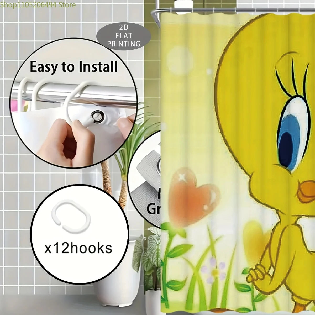2D Flat, 1pc, 2D Flat, Cute Moments of Tweety Bird_, Patterned Shower Curtain, Can Be Used As Christmas, Halloween Decorative