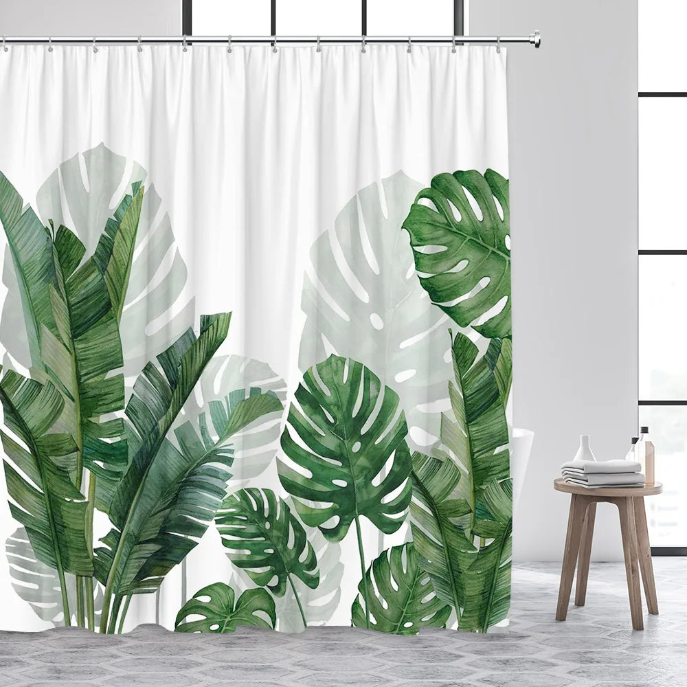Tropical Plant Leaves Shower Curtain Hummingbird Palm Leaf Monstera Butterfly Watercolour Art Fabric Home Decor Bathroom Curta