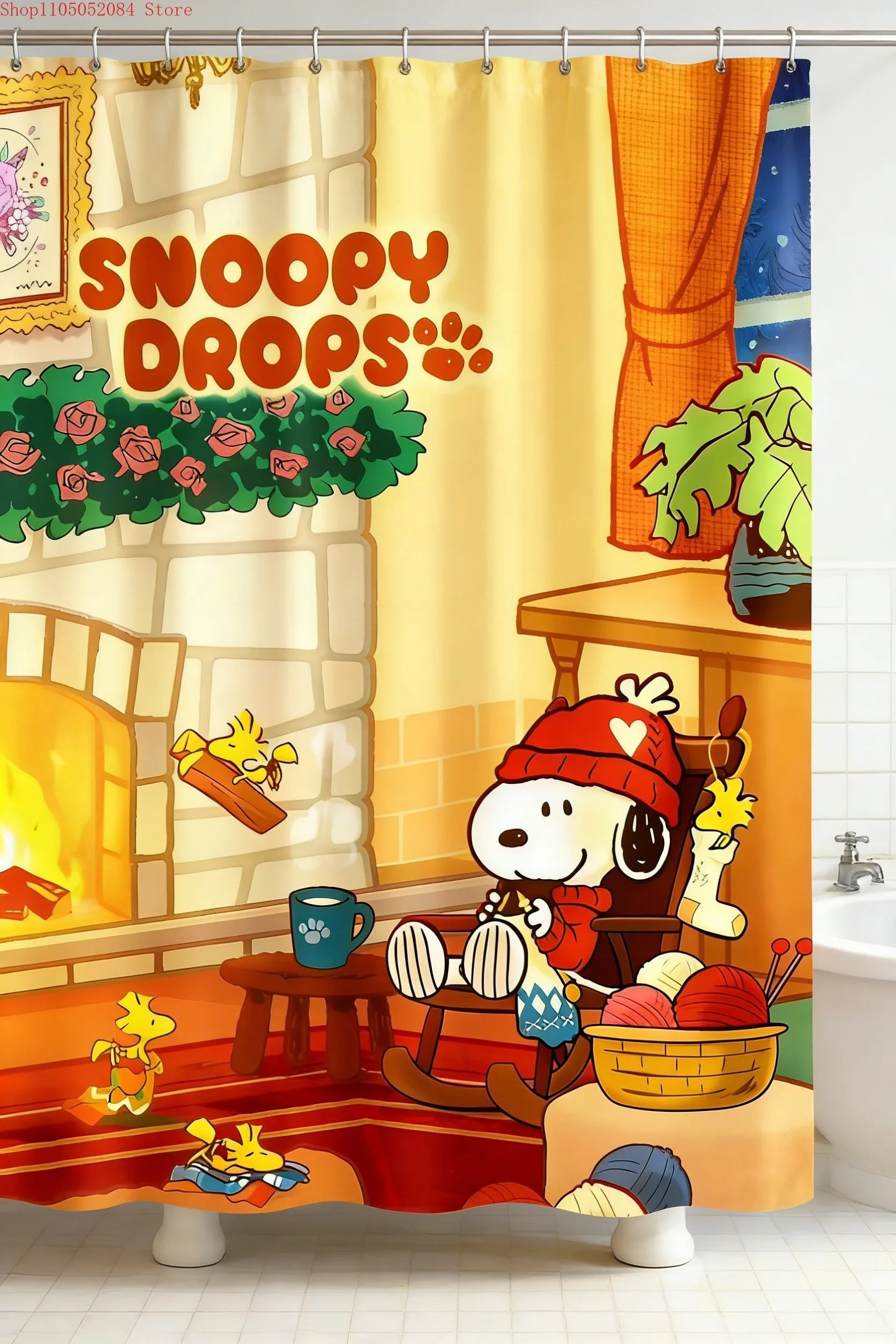 Snoopy Themed Shower Curtain With Hooks Waterproof Washable Quick Install For Dorm Home Bathroom Use