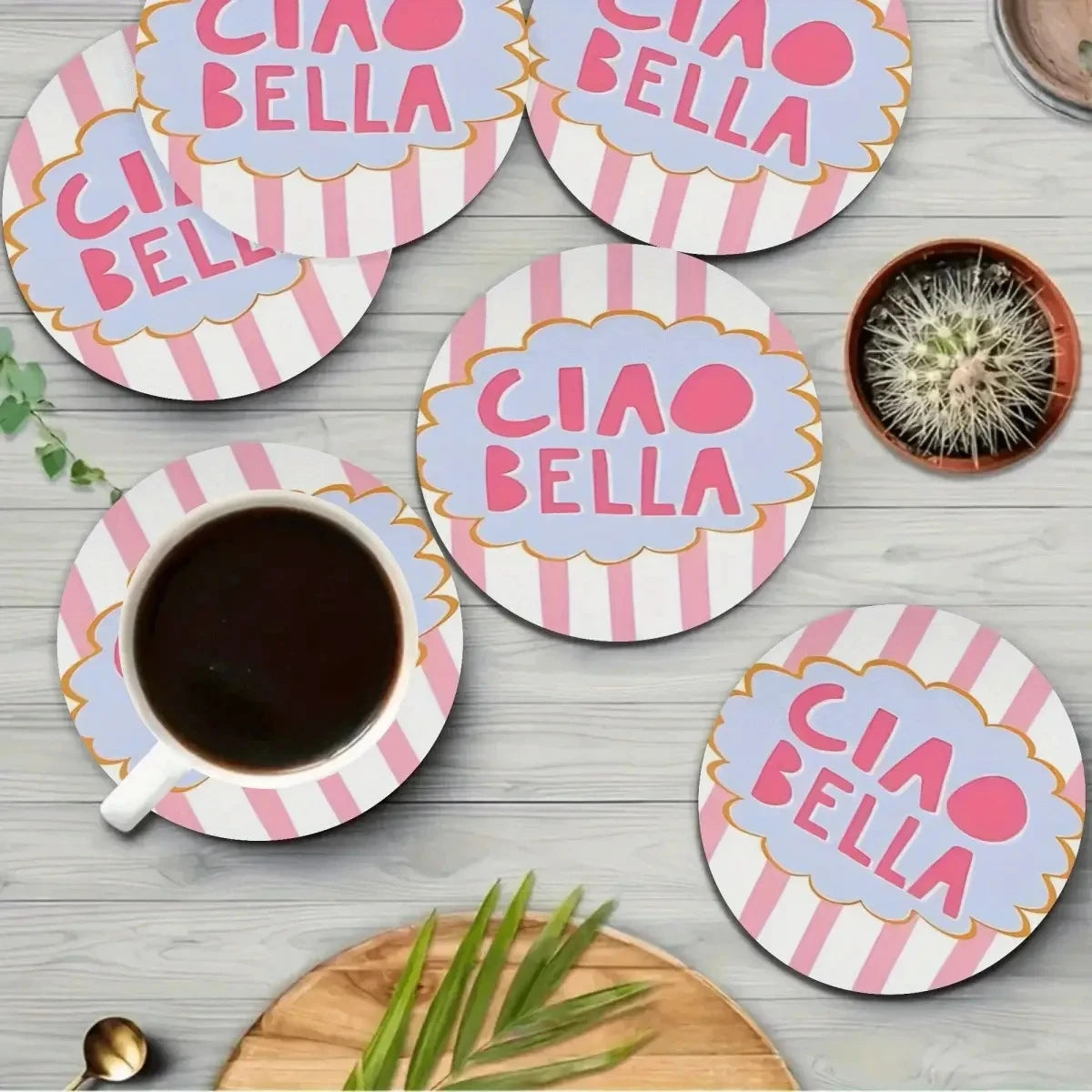 2D Ciao Bella Retro Italian Design Coaster Set - Pink & White with Blue Frame 6 round Table Protector Pads for Home Decor