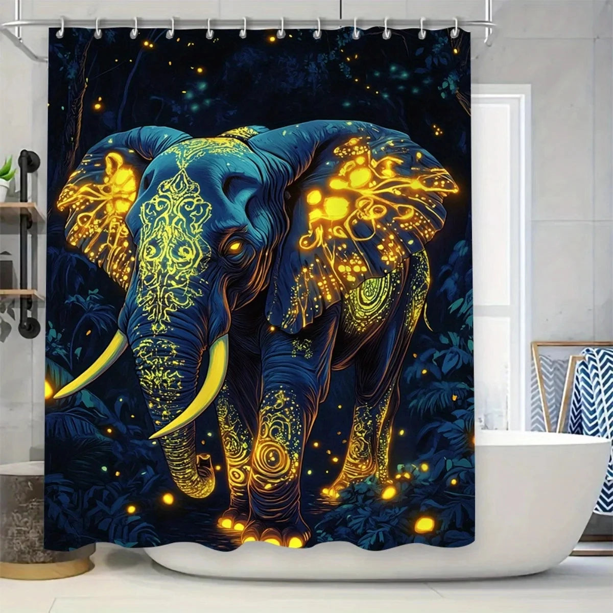 4pcs Stylish Elephant Design Shower Curtain and Non-Slip Bath Mat Set - Vibrant Blue & Golden Abstract Art, Perfect for Mod