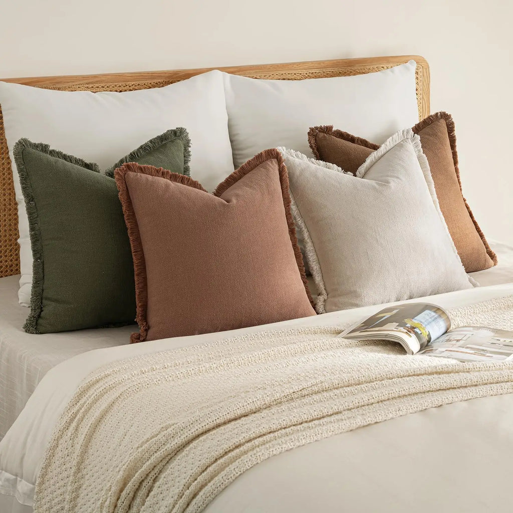Set of 4 Neutral Linen Fringe Throw Pillows, Soft Rustic Cushions for Sofa Living Room Decor, Beige/Brown/Green