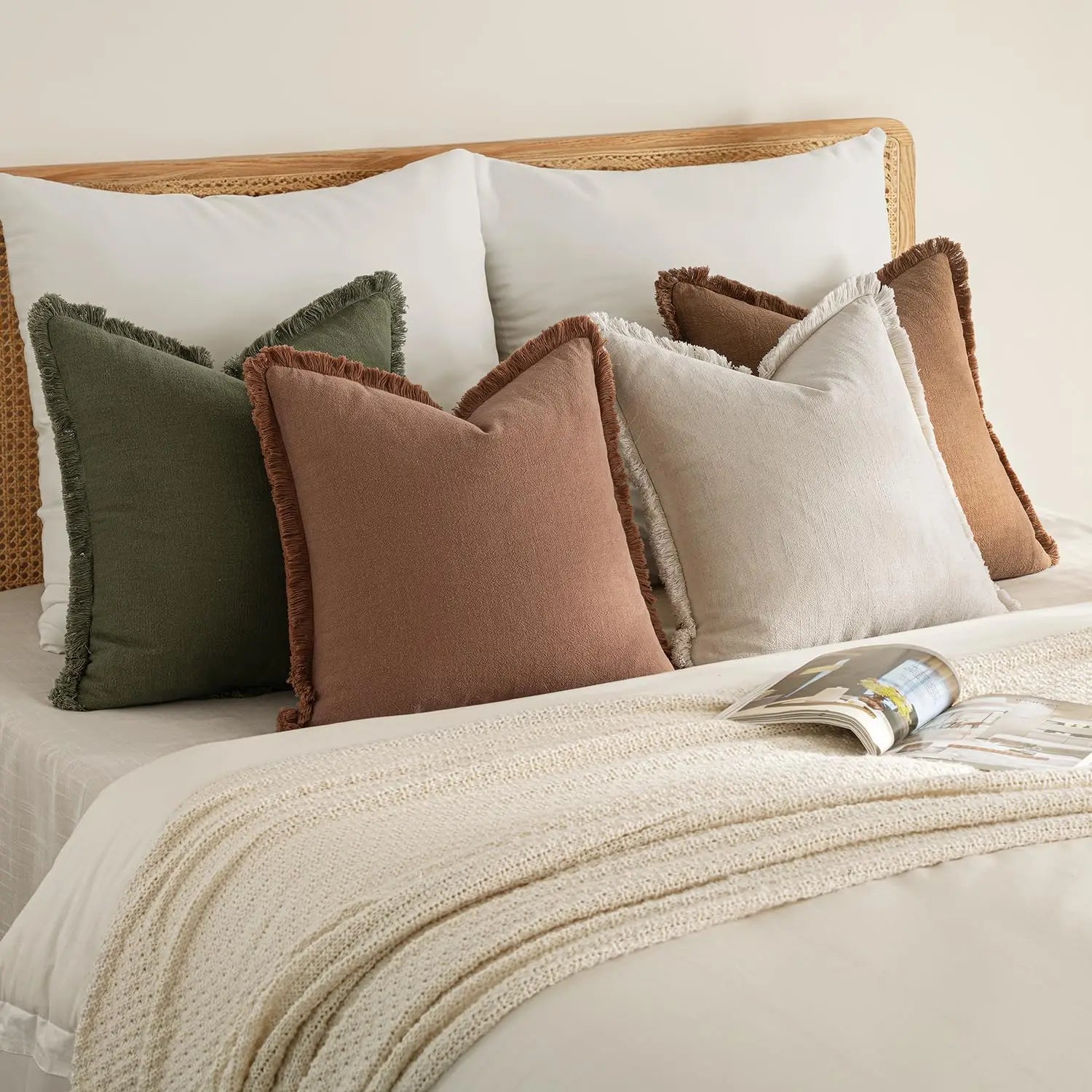 Set of 4 Neutral Linen Fringe Throw Pillows, Soft Rustic Cushions for Sofa Living Room Decor, Beige/Brown/Green