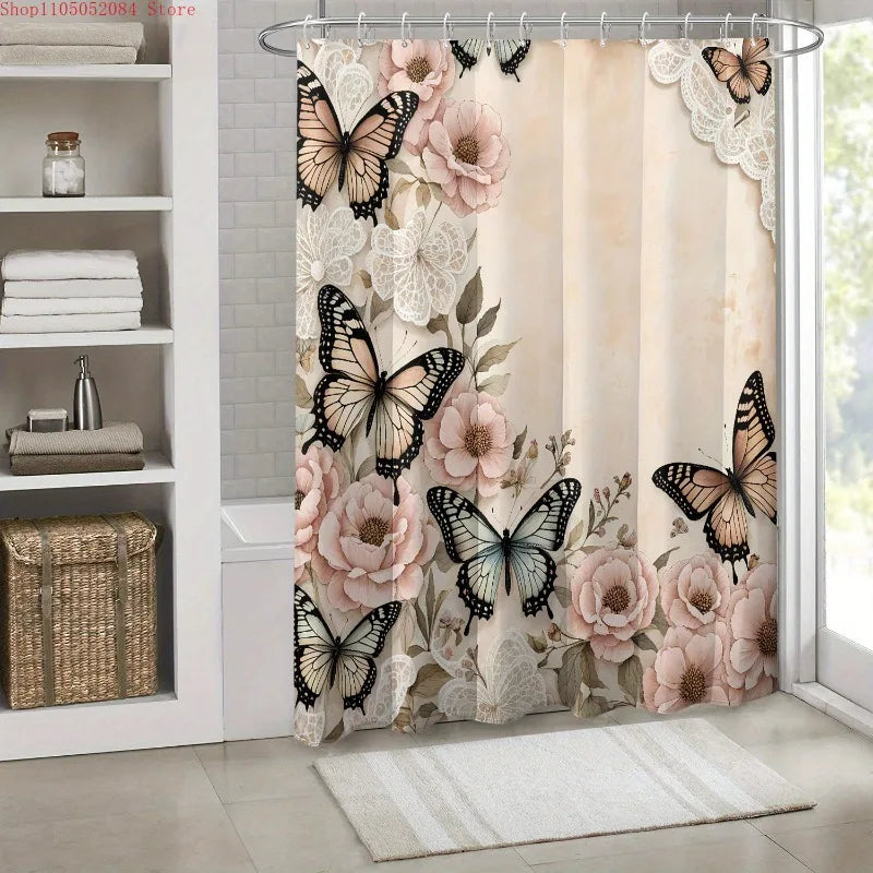1pc printed shower curtain hook polyester -   With Hooks Waterproof Mildew Proof Easy Install Washable