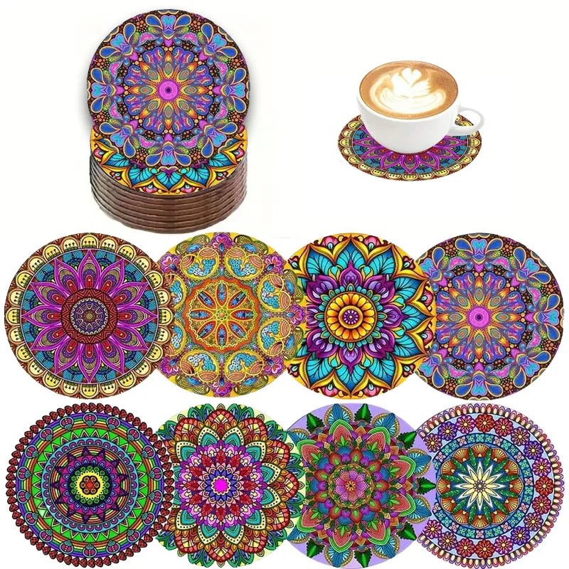 8pc/set beautiful colorful flowers tea table art wooden high temperature non-slip coaster round, suitable for adults, office, te