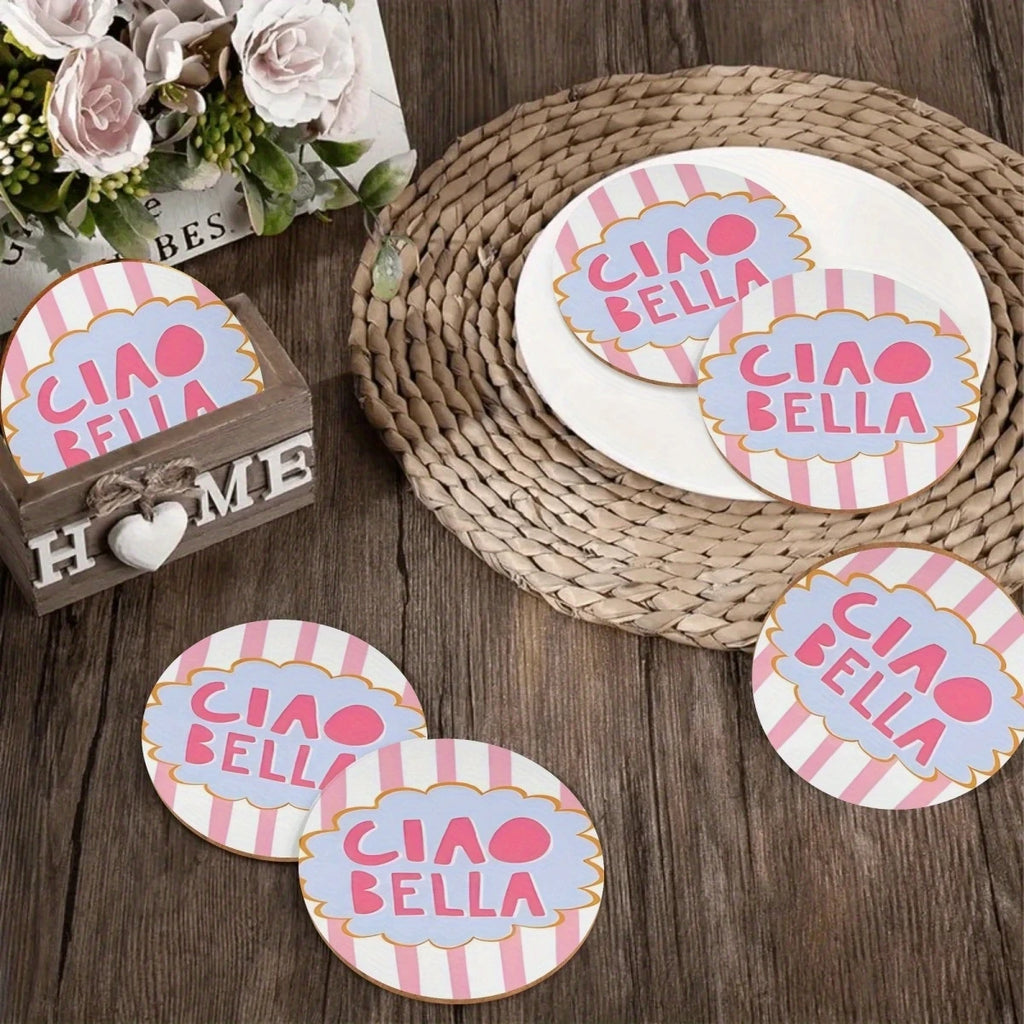 2D Ciao Bella Retro Italian Design Coaster Set - Pink & White with Blue Frame 6 round Table Protector Pads for Home Decor