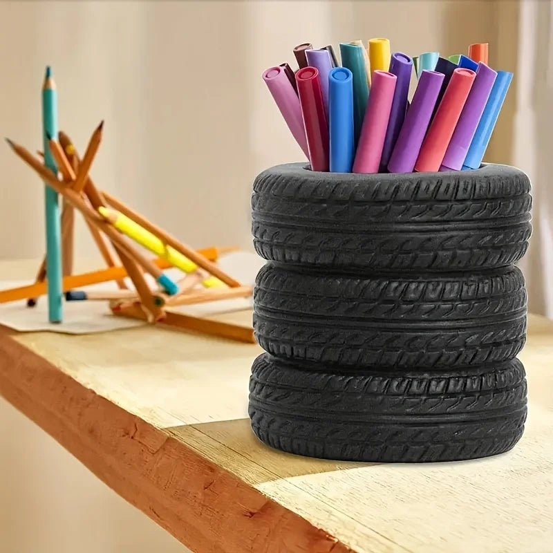 1Pcs Fun Tire Pen Holder - Durable Black with Lettered PVC Desk Storage for Schools and Offices