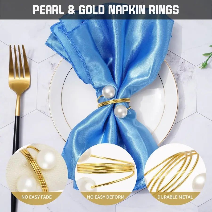 100Pcs Gold Napkin Rings Pearl Napkin Holder Round Metal Spring Dinner Table Ring Napkin Holder Buckles for Wedding Birthday Tab