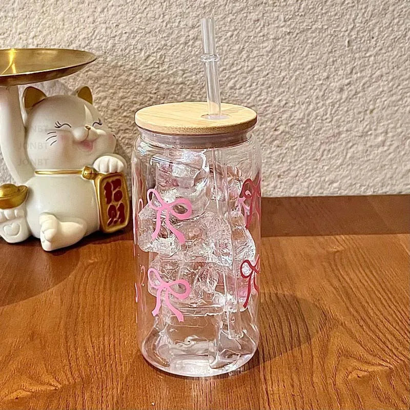 500ml Cute Bow Plastic Cup With Lids Straw Tumbler Mason Jar Shaped Coffee Cups Water Bottle Party Gift for Ice Coffee Juice Cup
