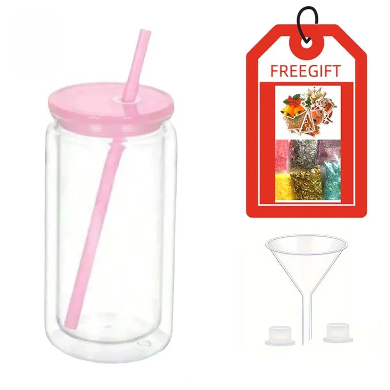 Double Wall Snowglobe Plastic Cups with Pre-Drilled Hole Christmas Straw Water Bottte Clear Tumbler Coffee Juice Drinkware Gifts