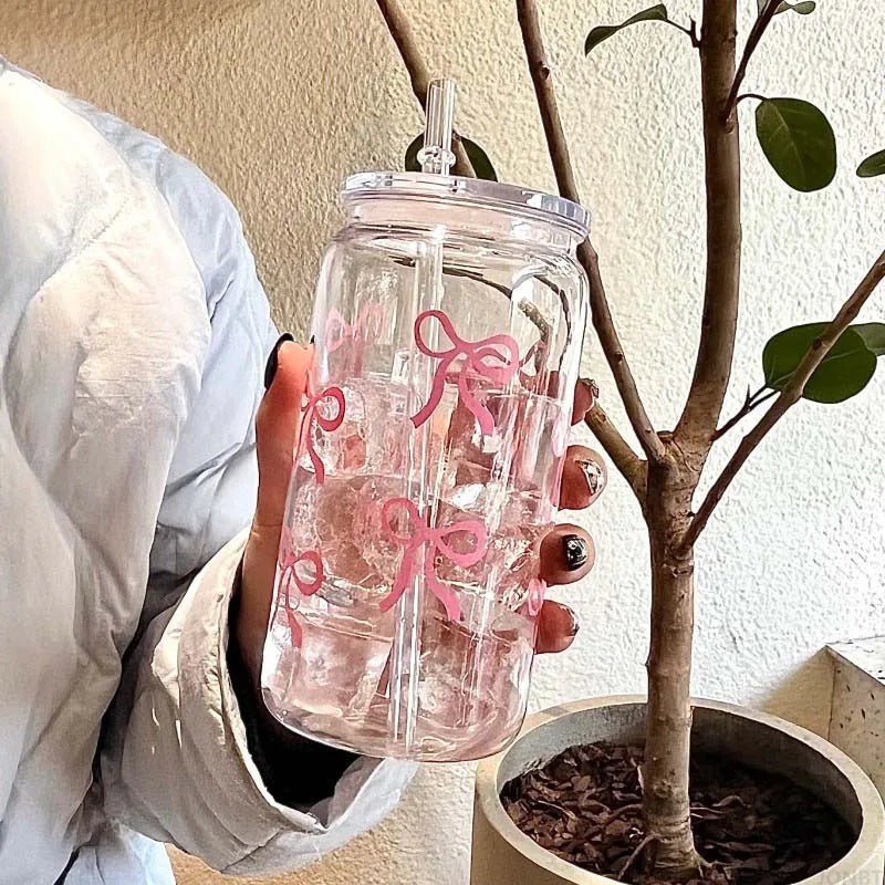 500ml Cute Bow Plastic Cup With Lids Straw Tumbler Mason Jar Shaped Coffee Cups Water Bottle Party Gift for Ice Coffee Juice Cup