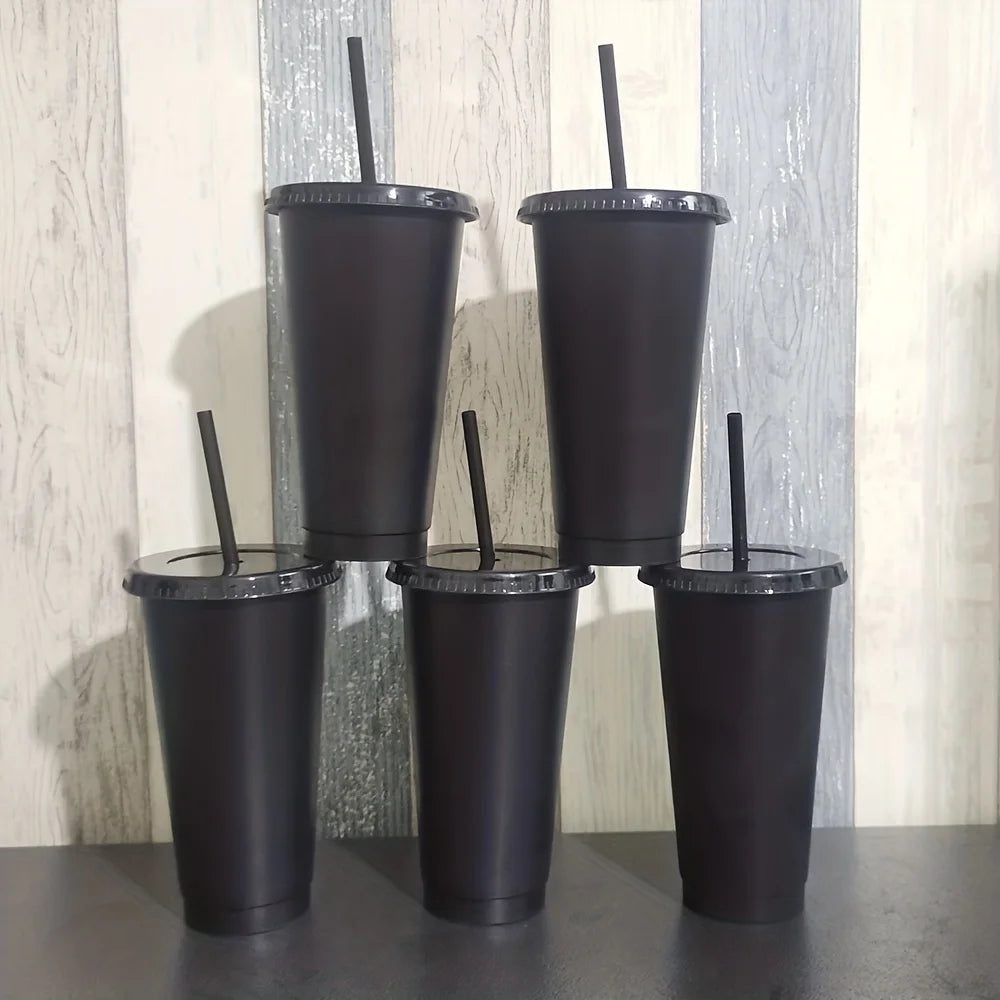5pcs, 24.01oz Tumblers With Lids And Straws Reusable Plastic Cups Iced Coffee Large Water Bottle Party Cold Mug Summer Drinkware