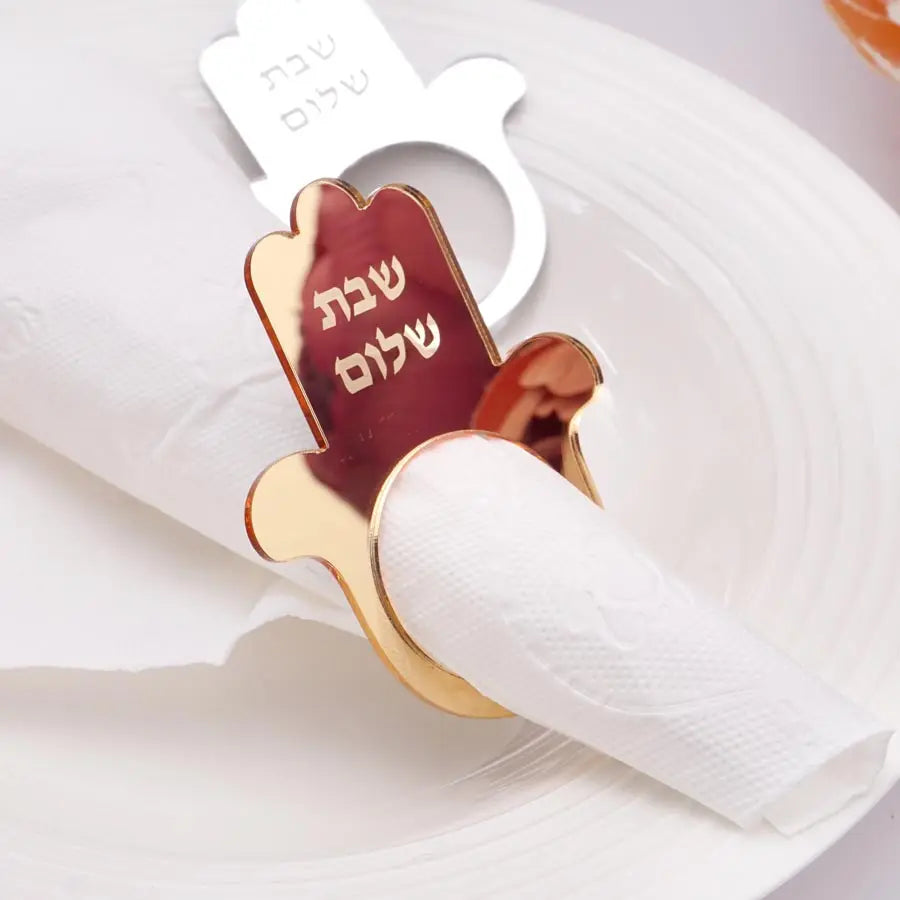 12Pcs/Lot Jewish Hamsa Shabbat Shalom Napkin Ring Mirror Acrylic Table Decor for Sabbath Dinner Jewish Holiday Table Decoration