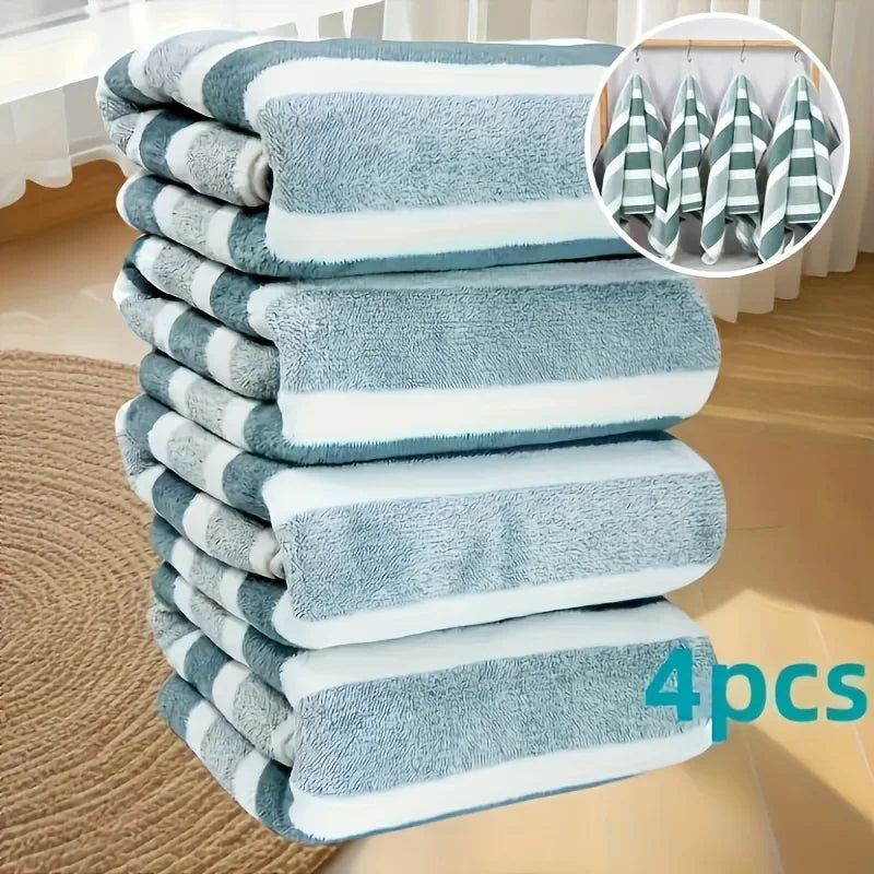 4pcs Thickened Coral Fleece Bath Towel - Soft Absorbent Wide Stripe, Colors Unisex Home Use