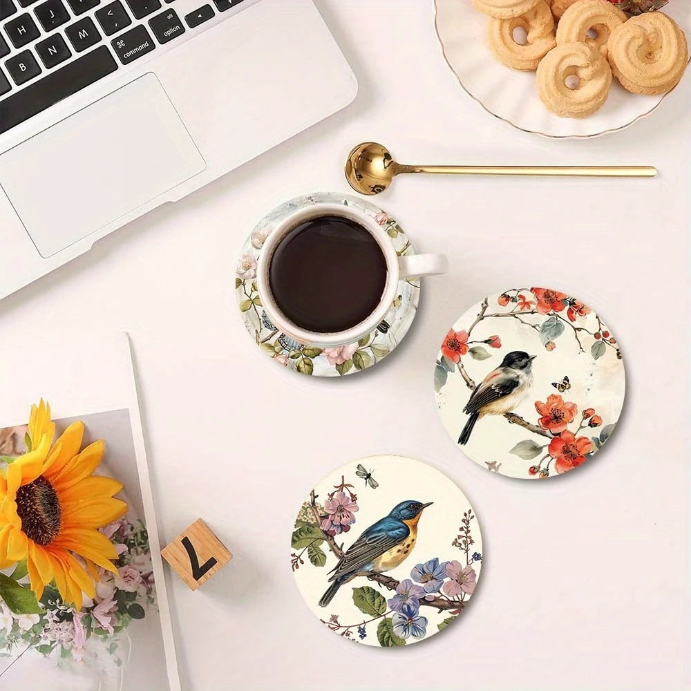 2D Flat 6pcs Watercolor Illustration Style Wooden Coasters With Bird Flower Patterns Artistic Elegant Cup Mats Home Decor Gifts