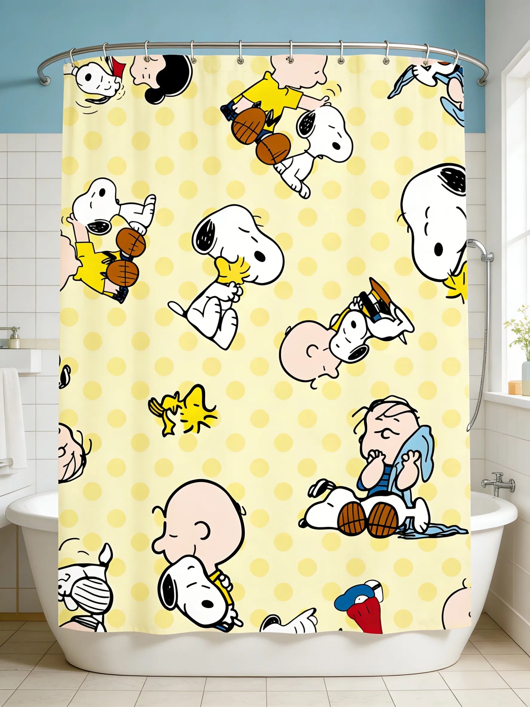 Snoopy Themed Shower Curtain With Hooks Waterproof Washable Quick Install For Dorm Home Bathroom Use