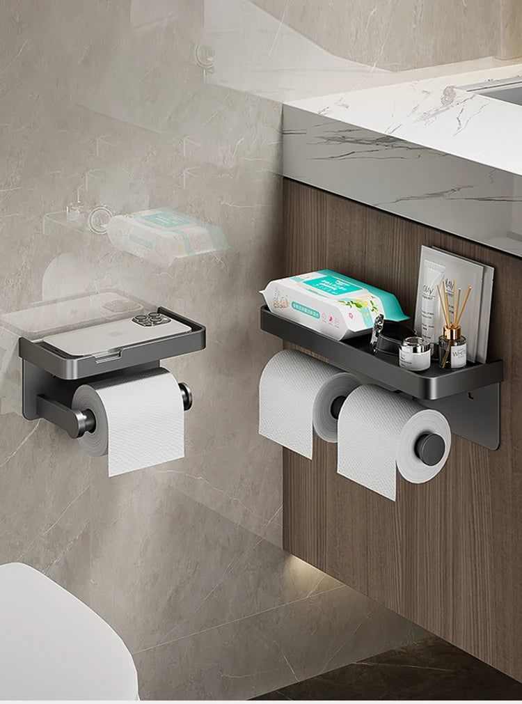 Aluminum Alloy Paper Holder Wall-Mounted Toilet Roll Paper Holder No Drilling Bathroom Kitchen Paper Holder