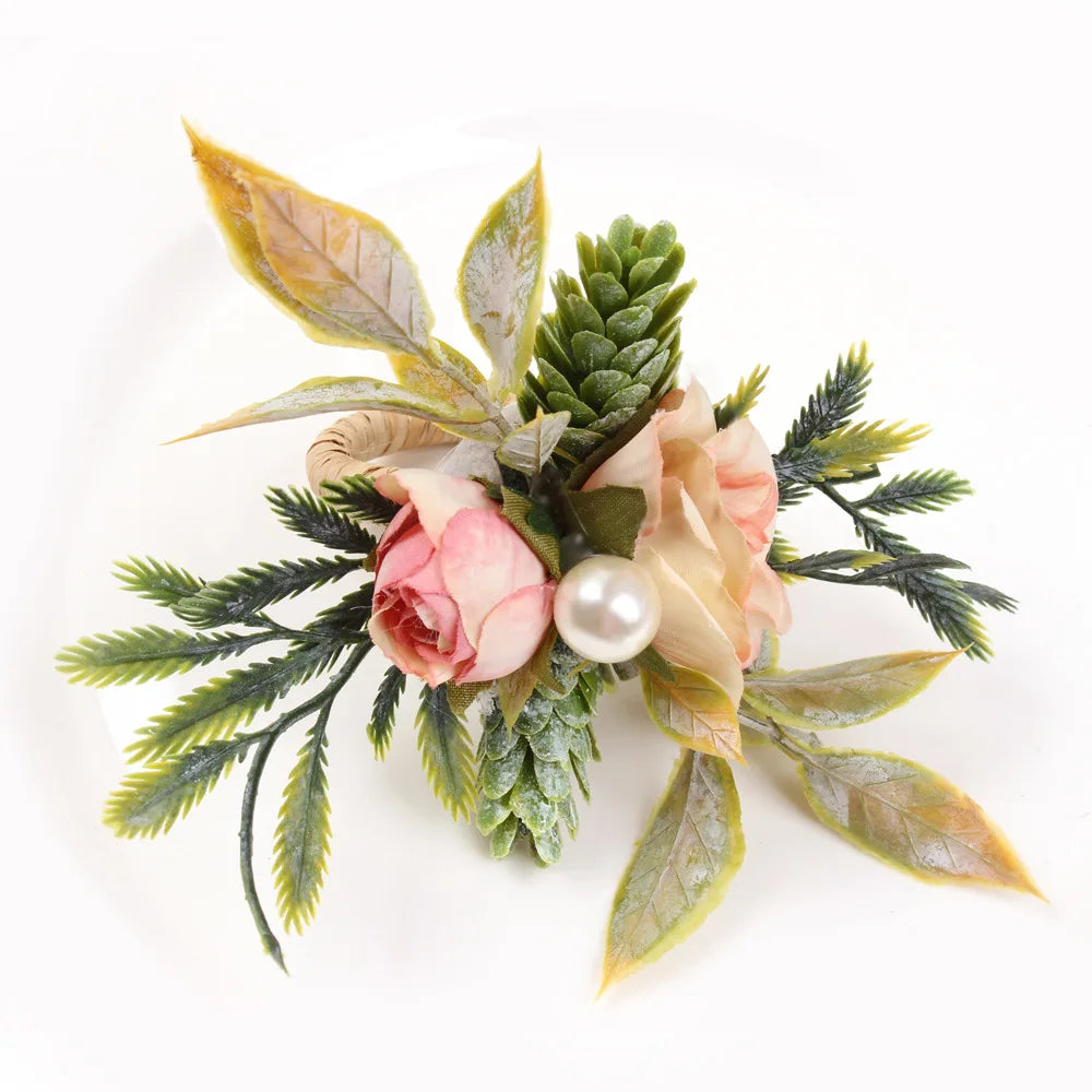 4PCS Simulation Eucalyptus Flowers Napkin Buckle, Pink Rose Napkin Rings, Festival Wedding Party Holiday Table Decoration