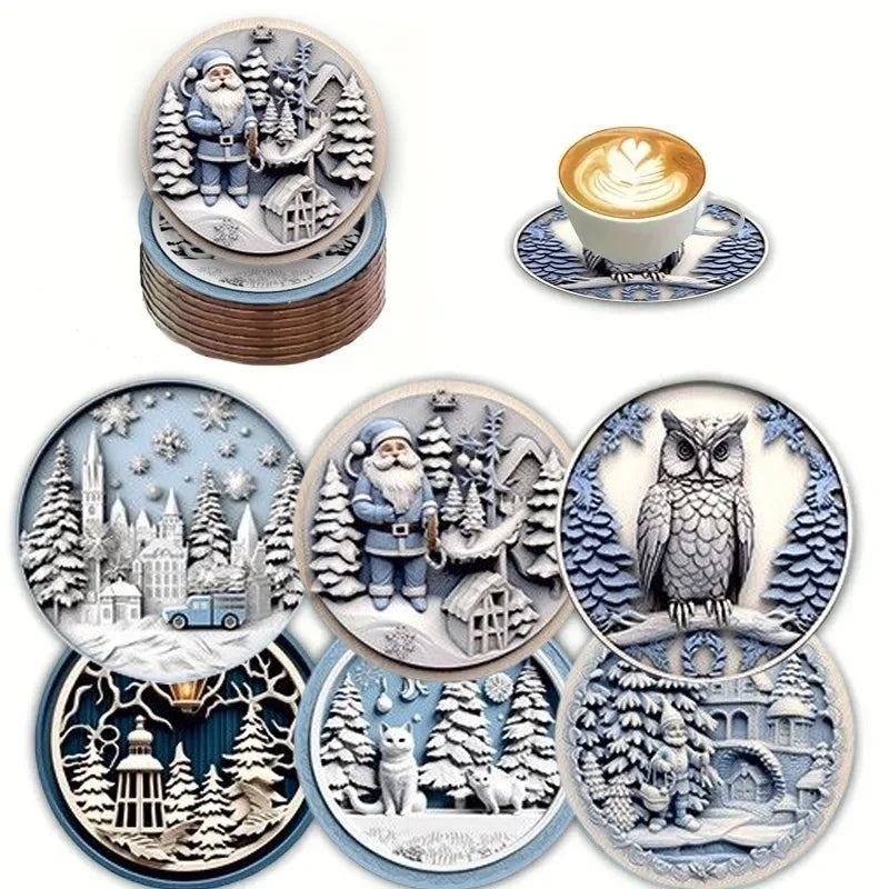 6 pieces of Christmas truck print coasters, suitable for daily family party decoration, offices, and anti-slip wooden coasters